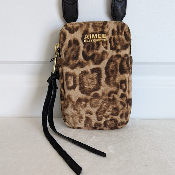 Aimee Kestenberg Phone Crossbody Leather Calf Hair Leopard Print Brown Black NWT - Picture 4 of 16